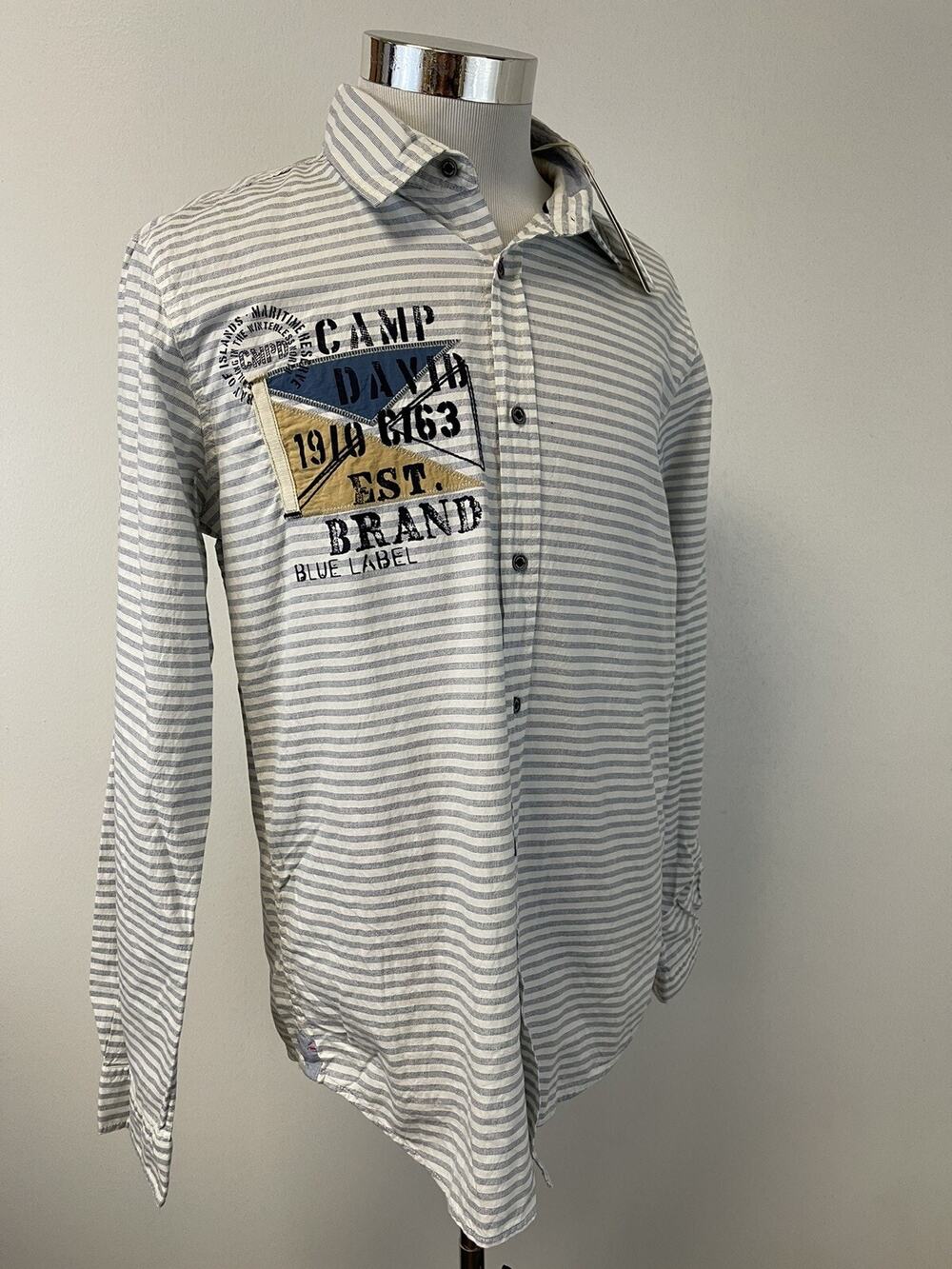 Camp David Shirt Mens Large Button Up Blue Striped Embroidered Long Sleeve A11